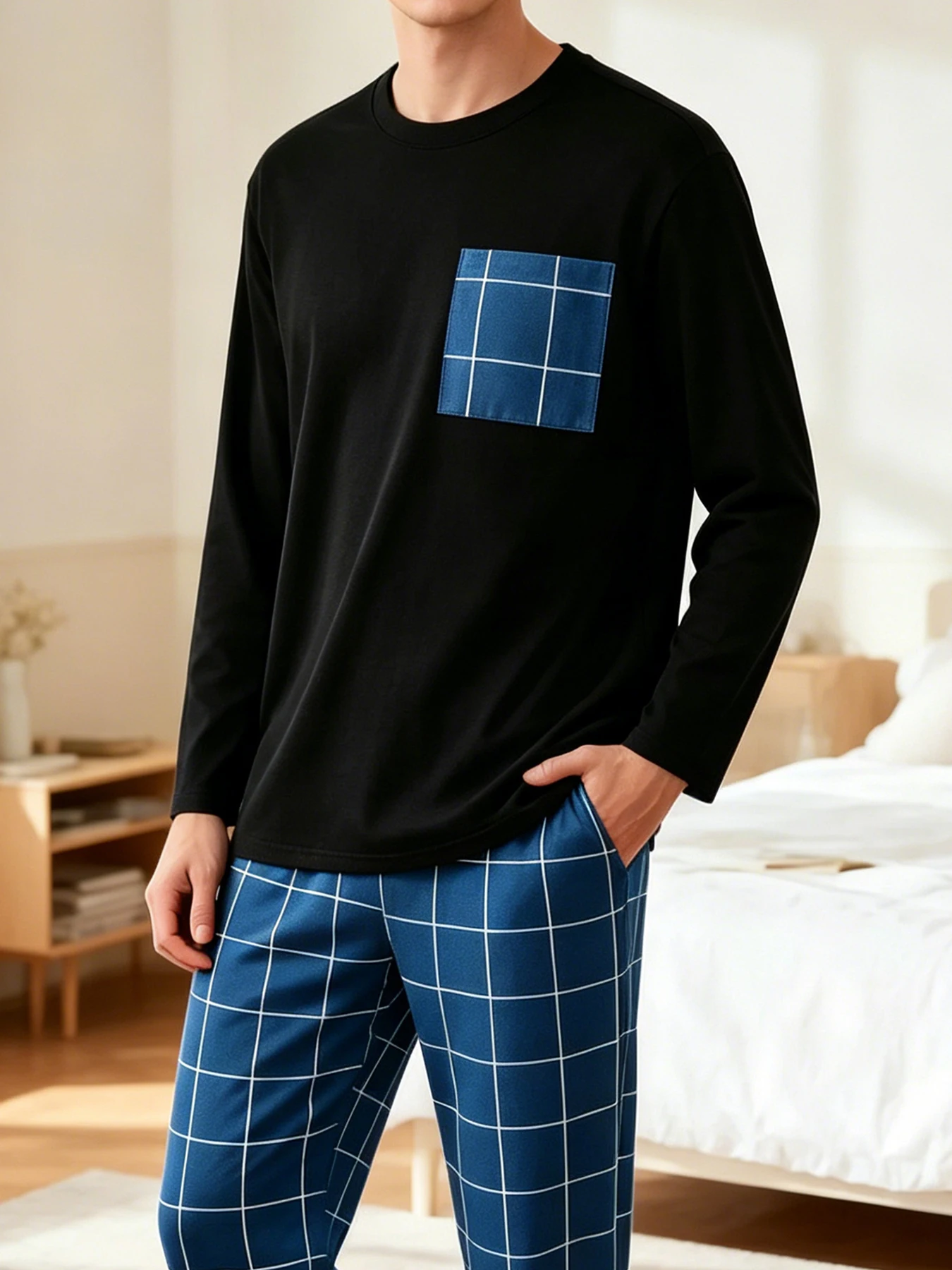 Conjunto de Dos Piezas de Camiseta y Pantalones de Manga Larga con Cuello Redondo y Estampado a Cuadros en Contraste de Color para Hombre, Ropa Casual para el Hogar, Conjunto de Pijama