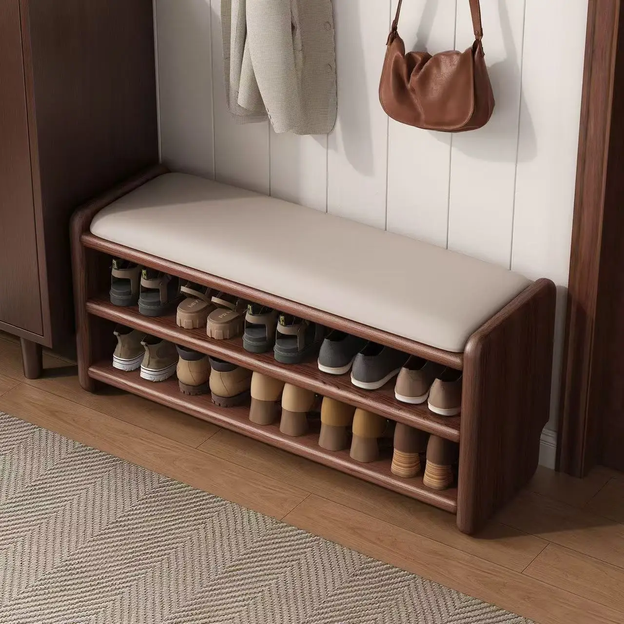 Einfacher Schuhschrank für den Eingangsbereich mit integriertem Holzschuhschrank, Sitzhocker und mehrschichtigem Schuhwechselhocker für die Veranda.