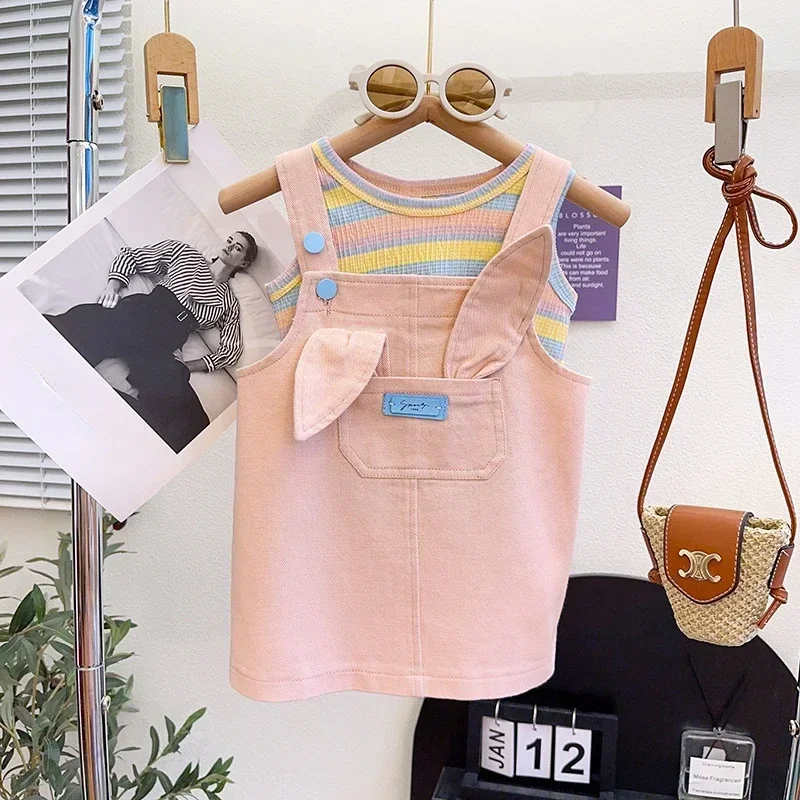 

Summer Girls Clothes Set Korean Fashion Outfits Sleeveless Shirt + Pink Jeans Sweet Fashion Princess Casual Clothing Sets 2-7Y