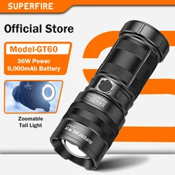 Superfire GT60 36W Power Led Flashlight Tactical Emergency Spotlight Telescopic Zoom 1680Lumen Type-C Rechargeable Camping Torch