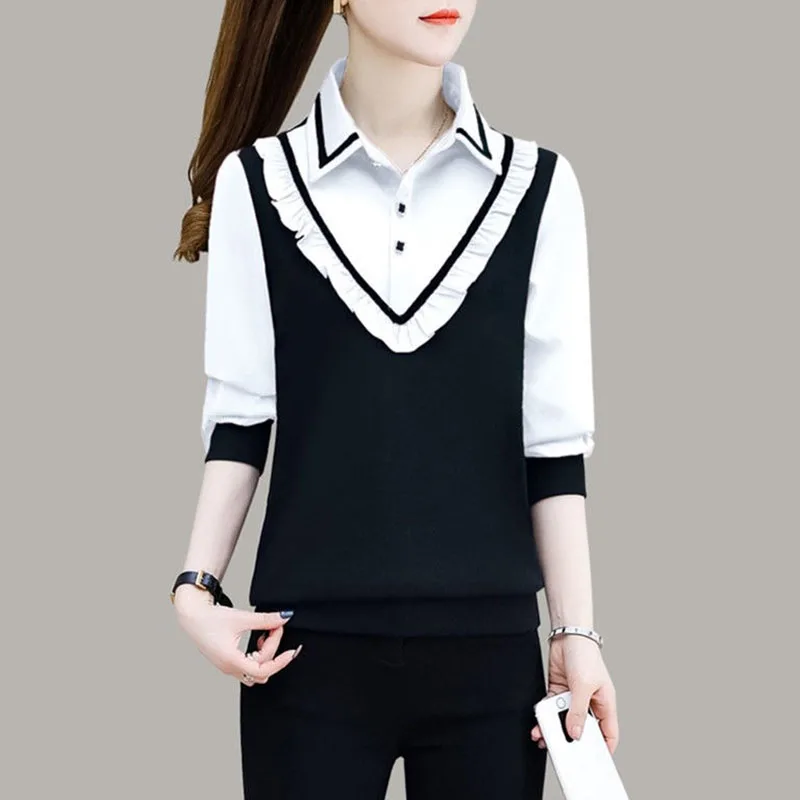 Spring Autumn Commuter Women\'s Polo-Neck Fake Two Pieces Shirt Office Lady Fashion Elegant Ruffles Spliced Long Sleeve Blouse