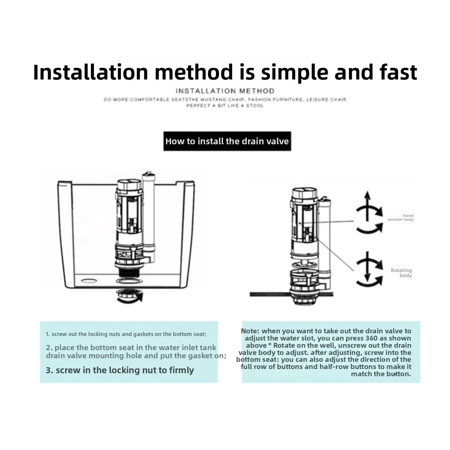Einteiliges WC-Ablaufventil mit zwei Knöpfen, Sitz, WC-Auslassventil-Set, Badezimmer-Wassertank-Zubehör