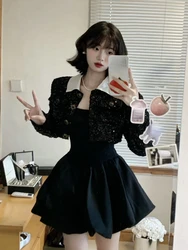 2023 Autumn Vintage Black Clothing Suit Woman Slim Y2k Mini Dress + Casual Short Coat Office Lady Elegant Korean Fashion Sets