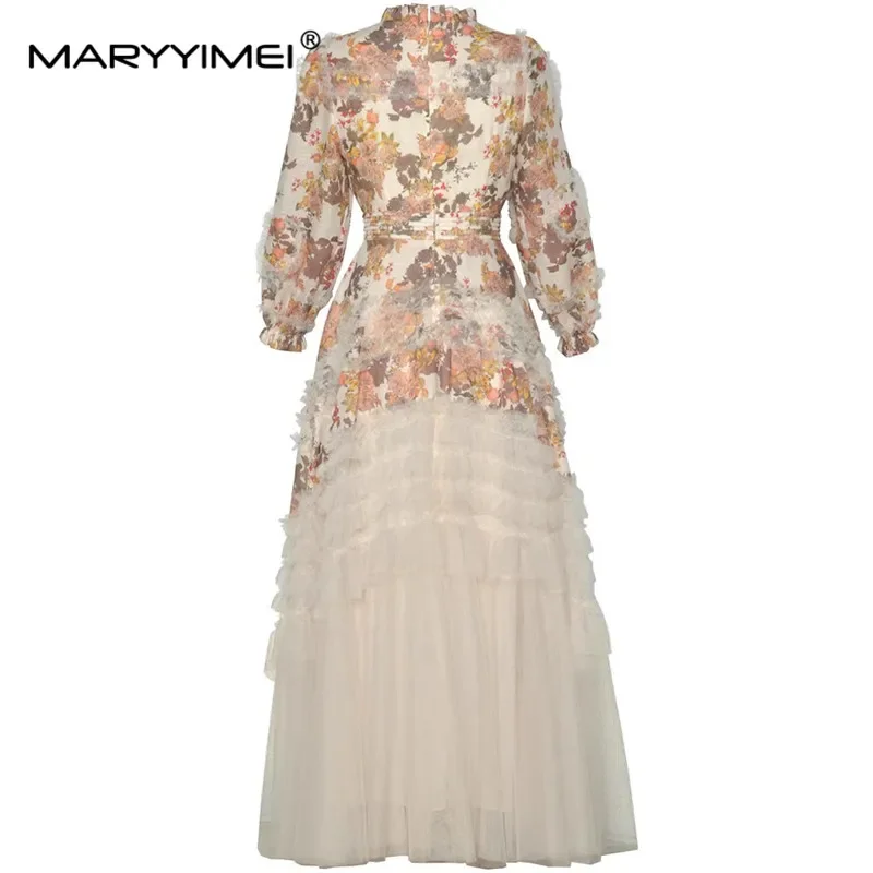 MARYYIMEI Autumn and Winter Women's Dress Stand collar Lantern Sleeved Mesh Splicing Edible Tree Fungus Edge Ball Gown Dresses