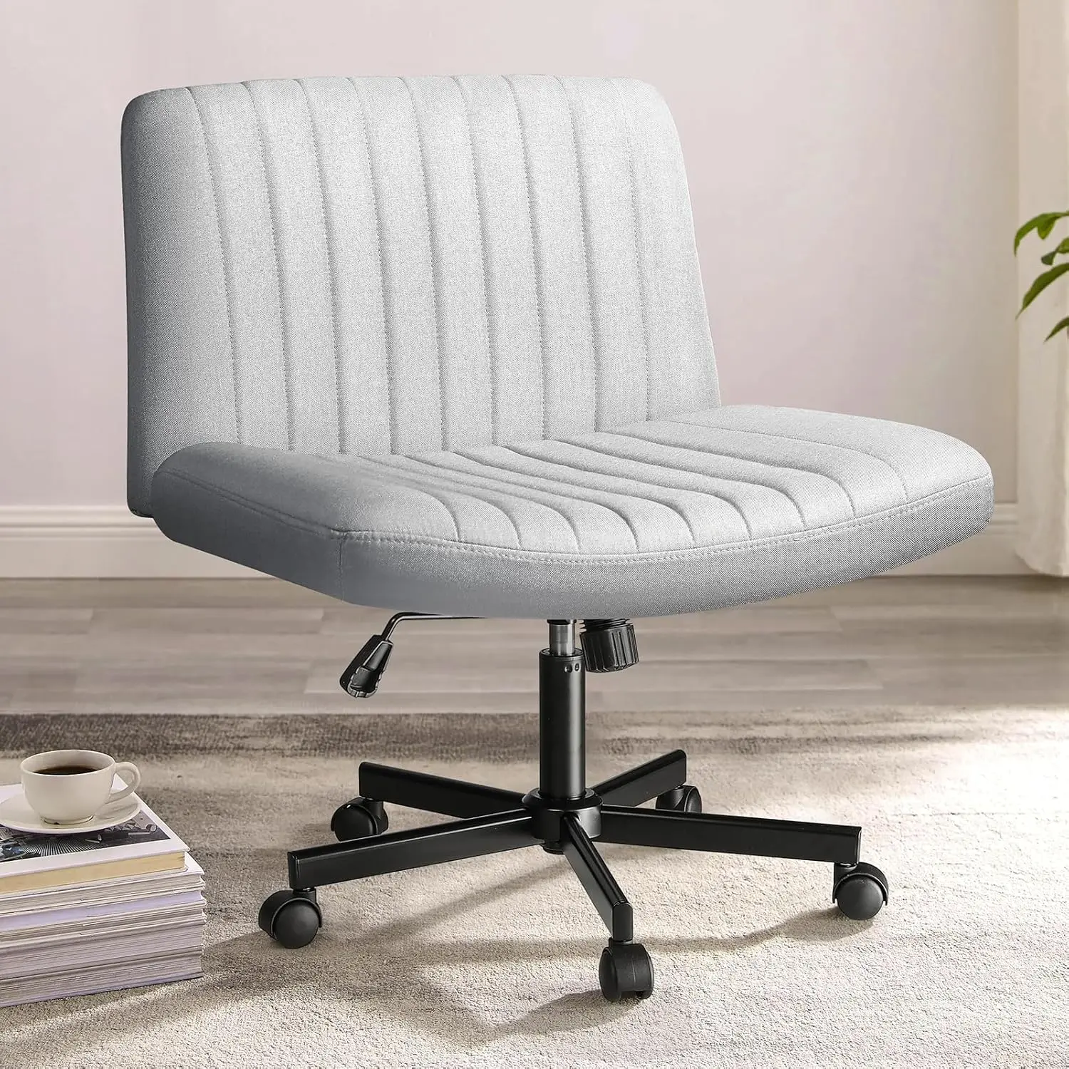 Wheeled, home office fabric padded armless cross legged desk and chair, modern rotating height adjustable wide seat (gray)