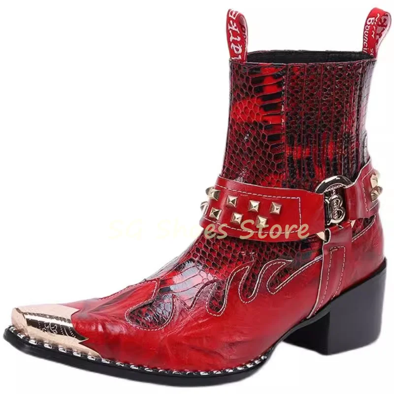 

Western Cowboys Boots for Men Punk Rivet Metal Pointed Toe Splicing Leather Shoes Male Chelsea Boots Party Pub Dress Shoes