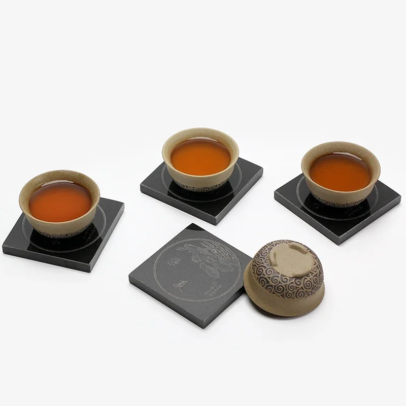 Wujinshi tea tray with shadow carved coasters, natural whole stone carving