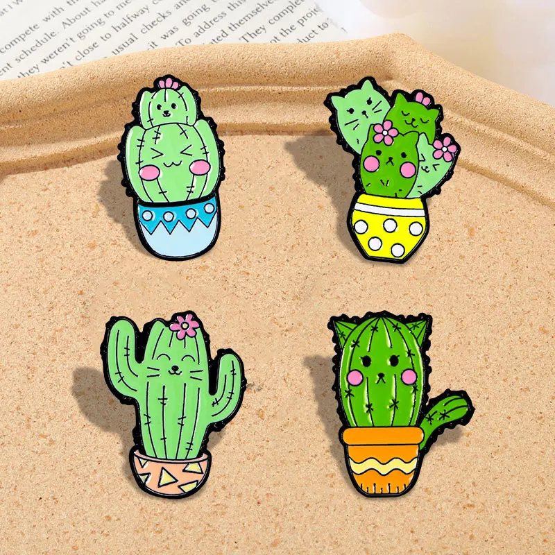 Cartoon Cactus Cat Enamel Brooches Funny Green Kitten Potted Plant Lapel Pins Best Gift For Pet Own Badge
