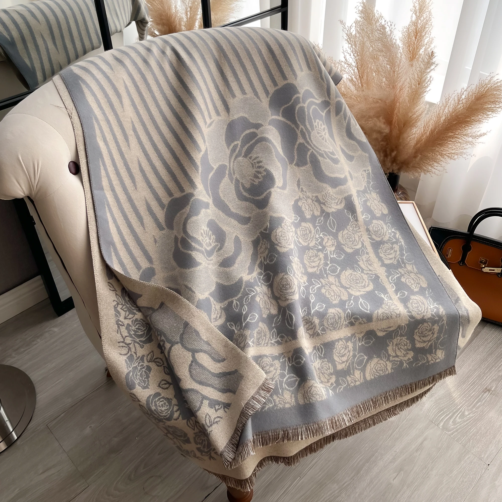 Camellia Double-sided Scarf pashmina Cashmere Travel Blanket Shawl Comfortable Wrap Shawl Autumn Winter Elegant Coldproof Warm