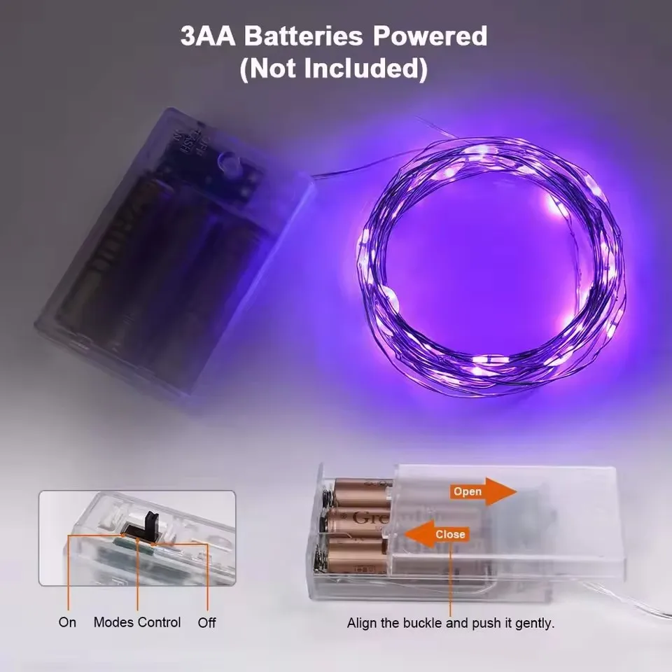 30/50/100LED Kupferdraht Lichterketten Batteriebetriebene Halloween Lila Lichterkette Innen Hochzeit Weihnachten Girlande Party Dekor – Detail 8