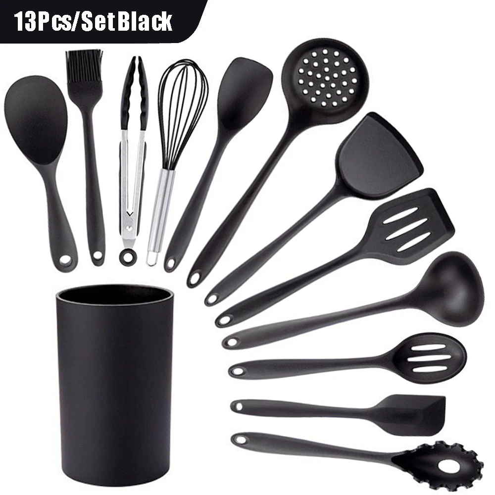 Black Silicone Utensils Set Heat-Resistant Cooking Kitchenware Tool With Non-Stick Spatula Ladle Egg Beaters Shovel Kitchen Tool