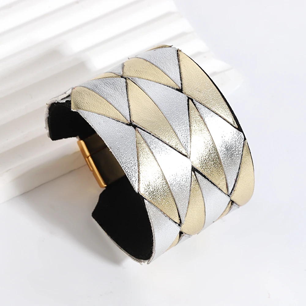 Fashion Two Tone Splicing Leather Bracelet for Women Men Exaggerated Chunky Wrap Bangle Bracelets Charm Jewelry Gifts