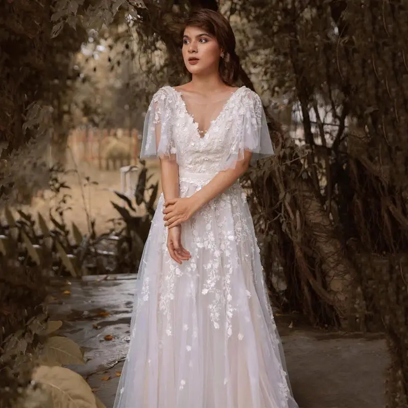 Vestido De novia elegante con cuello en V, vestido De novia con apliques De encaje y flores De tul, De manga corta, sin espalda, para verano, 2023