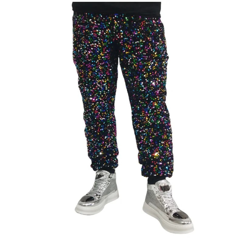 Colorful Sequins Velvet Casual Pants Men's Loose Trousers for Bar Nightclub Singer Hip Hop Dance Team Performance Costume Party