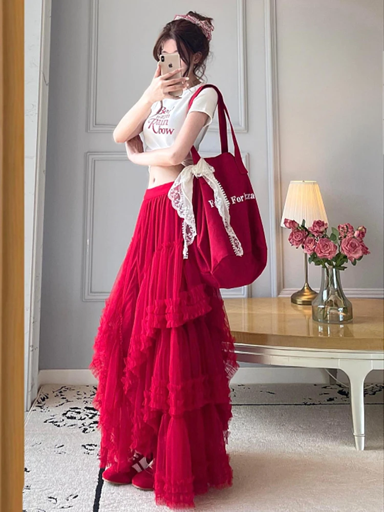 Korean Style Heavy Industry Lace Mesh Cake Skirt Half length Skirt Thinning and Layered Red Yarn A-line Skirt for Women