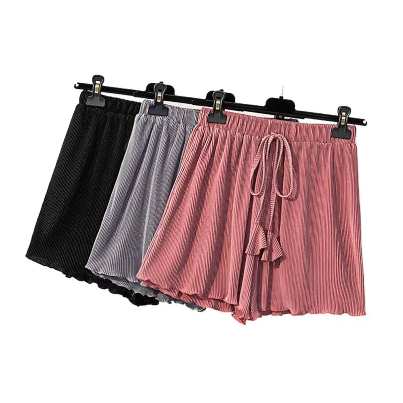 Summer Vintage Loose Shorts New Fashion Women High Waist Ice Silk Short Pants Gray Rose Black roupas femininas summer shorts