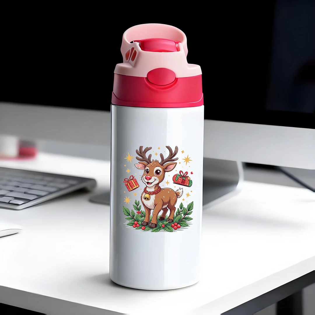 

304 stainless steel thermal cup cartoon reindeer Christmas straw cup kids portable water bottle brown spotted bell design Chri
