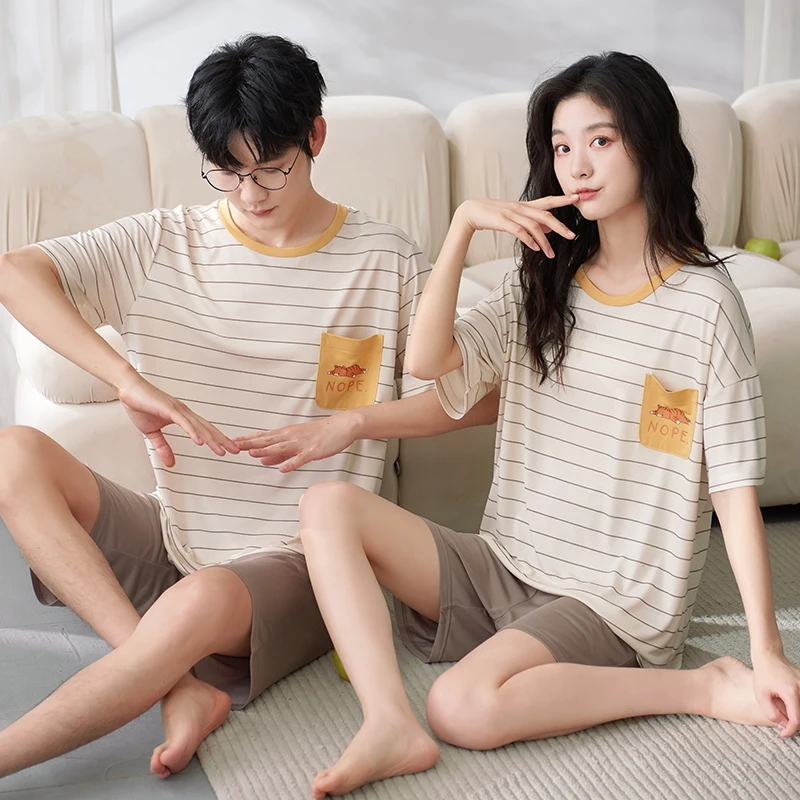 Summer Pajams Set Couple Modal Nightwear Men Women Short Sleeve Pyjamas Striped Sleepwear