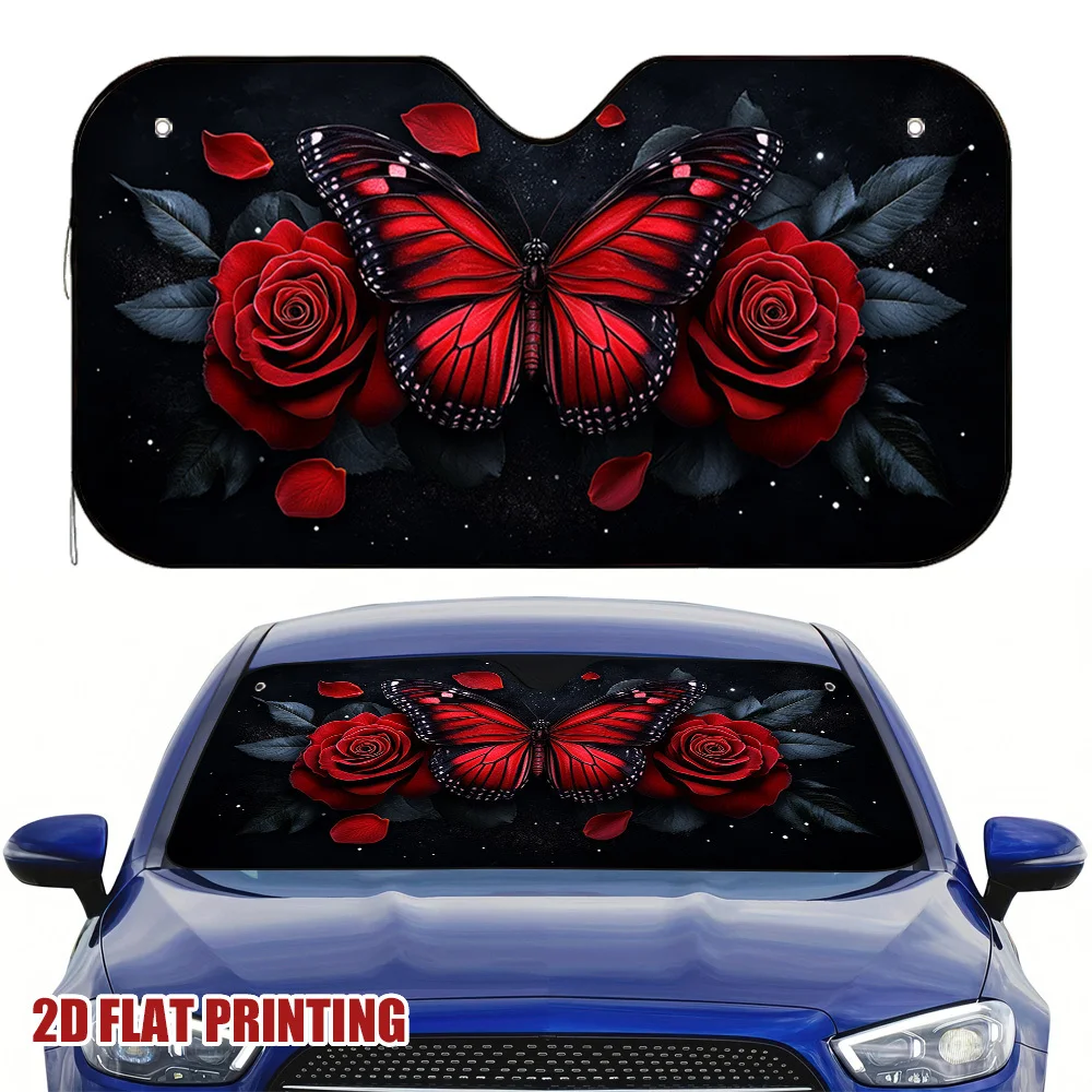 1pc Red Roses And Butterfly Car Sun Visor, Ideal For Brief Stops And Quick Visits, Effectively Lowers Heat And Maintains A Cool