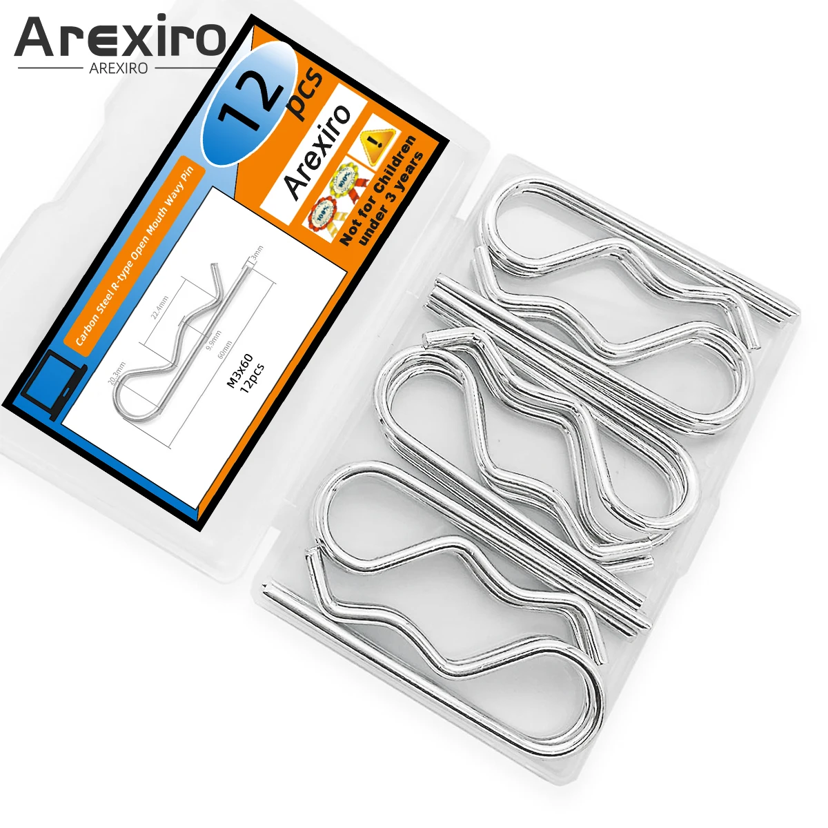 12 Stück robuster Hängestift, Federbefestigungsdraht, R-Clip, M3 x 60 mm, geeignet für Anhänger, Traktor, Rasenmäher, Lokomotive, LKW