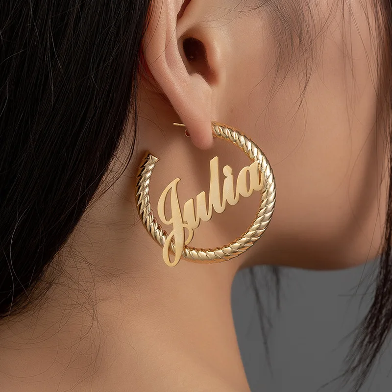 Lateefah 40MM Simple Thick Spiral Earrings Personalized Customization Name Stainless Steel PVD Plated Round Earrings