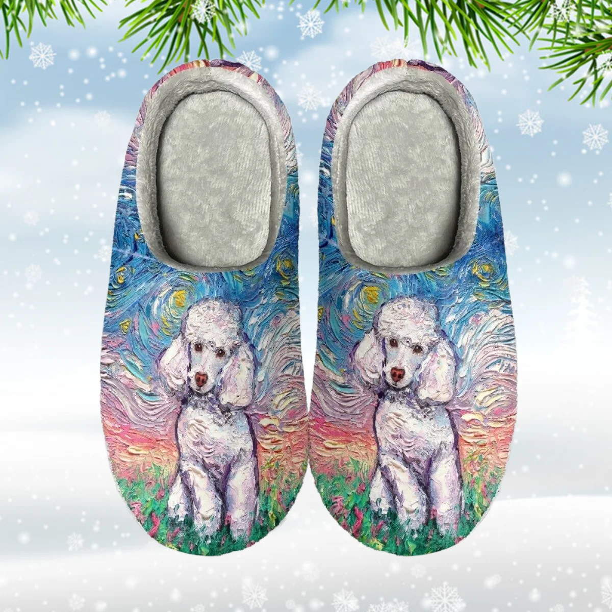 INSTANTARTS Household Cotton Slippers Poodle Painting Couple Shoes Women Soft-soled Home Socks Bedroom Slippers Large Size 46-47