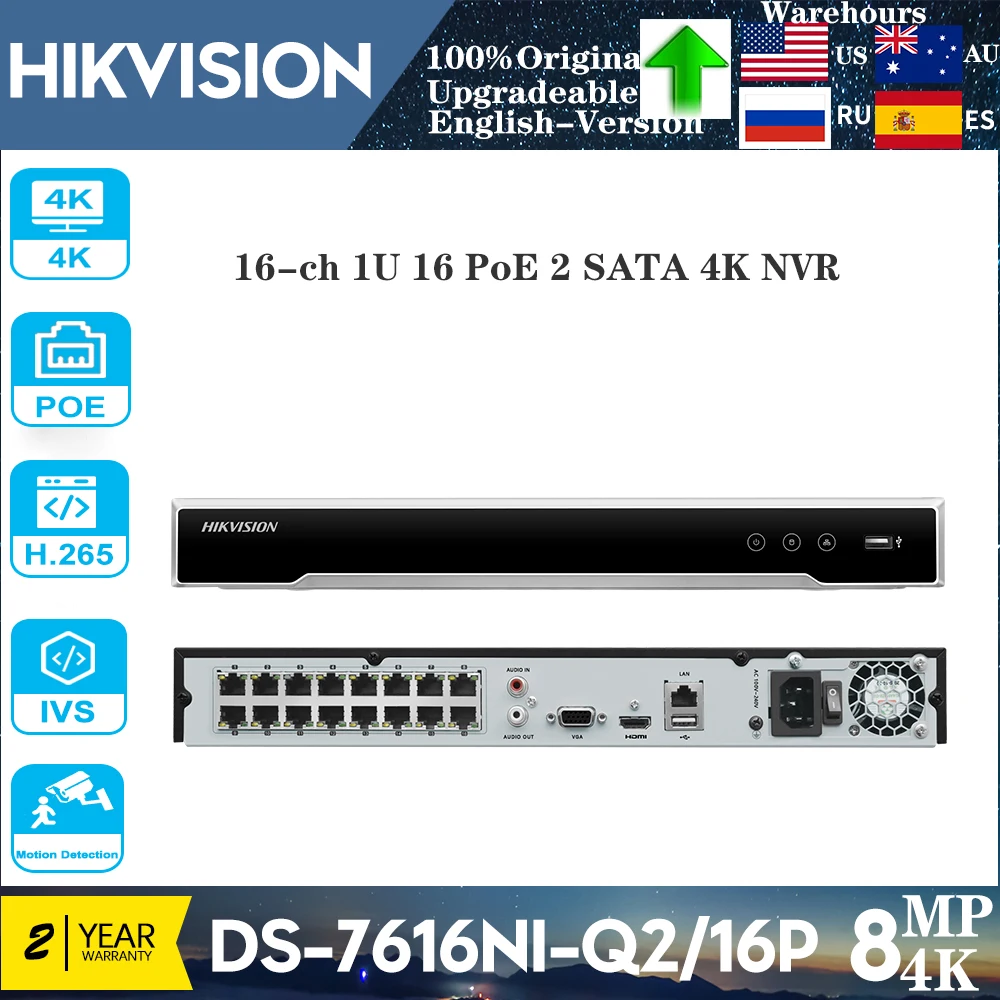 Original Hikvision 4k 8mp 16CH POE DS-7616NI-Q2/16P NVR Two Way Audio Network Video Recorder Security Surveillance P2P View