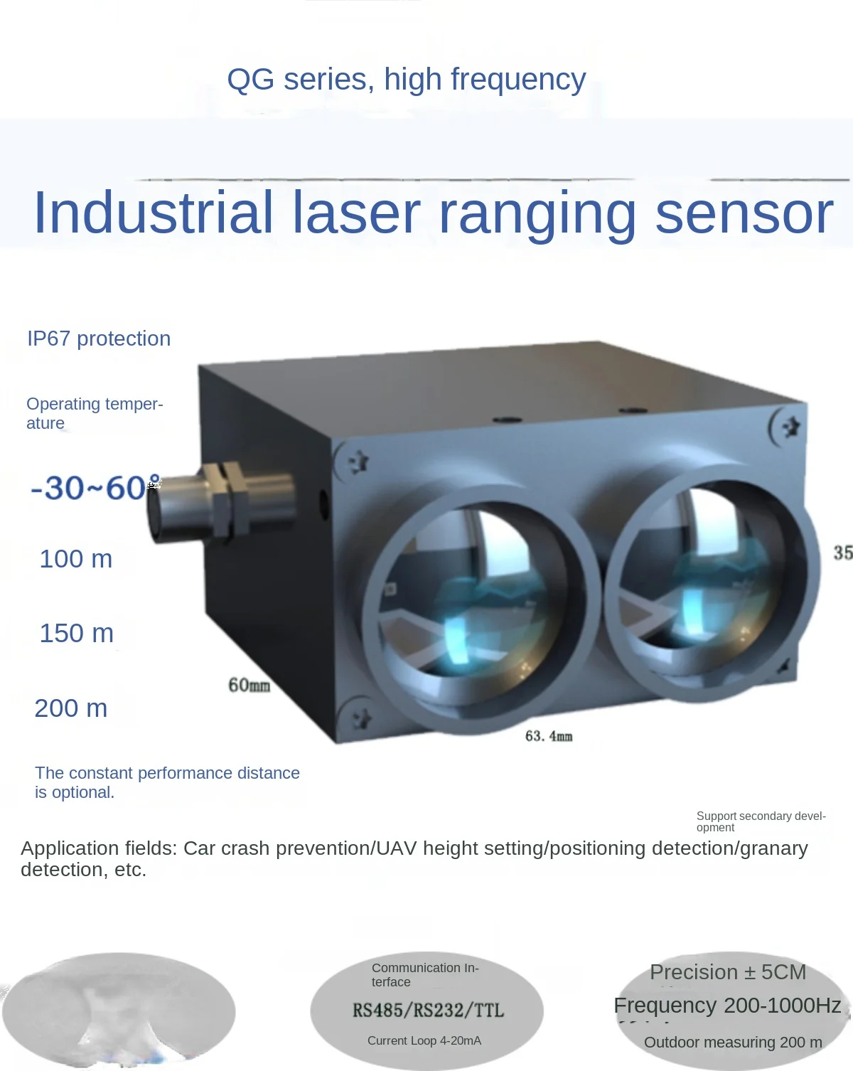 100 M Long-Distance Laser-Ranging-Sensor High-Speed Measurement Outdoor Infrared Radar Module Serial Port 485 Industrial