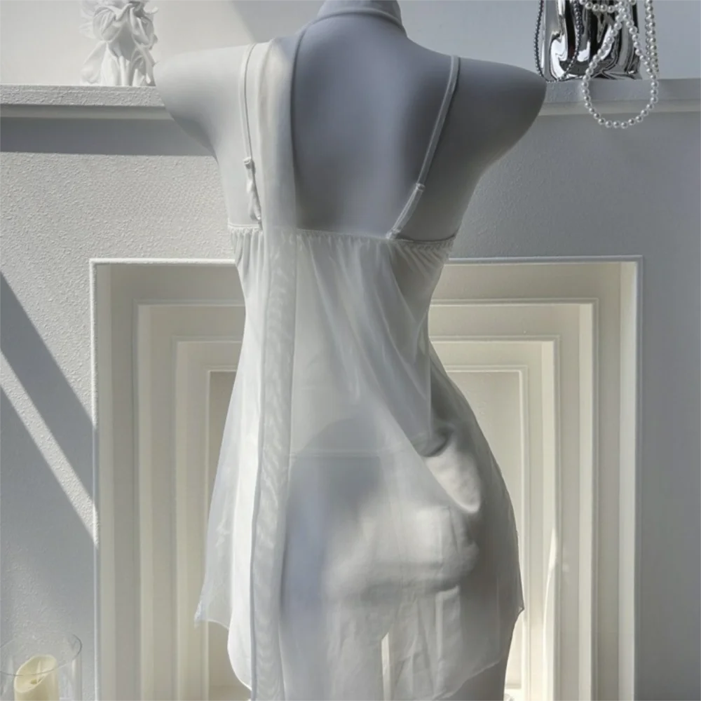 透明レースサスペンダー寝間着ディープ V ネックアイスシルクメッシュスリングネグリジェ女性ランジェリー背中の開いたパジャマローブセットホーム