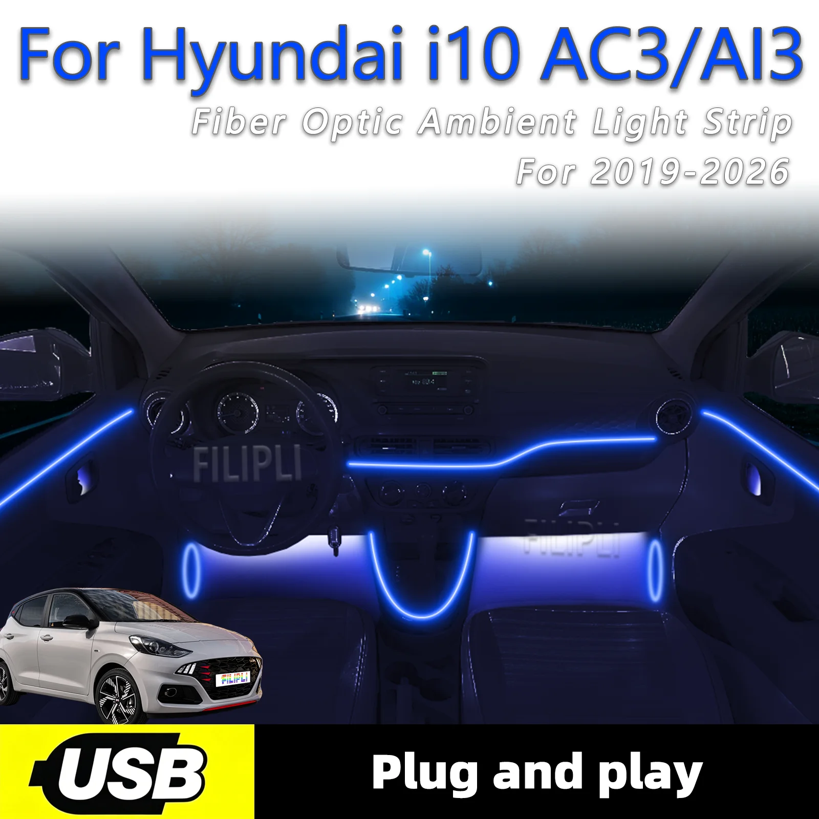 

Мягкие светодиодные ленты для внутренней подсветки салона Hyundai I10 AC3/AI3 2019-2026 годов, 6-в-1, с USB-интерфейсом