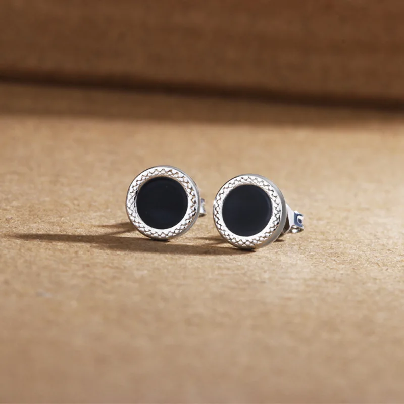 Trendy Black Round Patterned Earrings for Men Personalized Earrings Simple 925 Sterling Silver Ear Stud Male Jewelry KOFSAC
