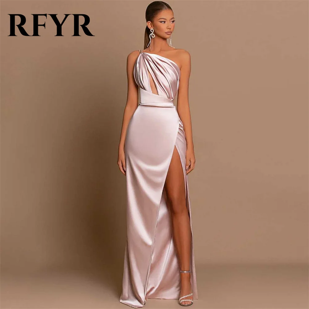 

RFYR Pink Prom Dresses One Shoulder Trumpet Split Evening Dress Luxury Sleeveless Party Dress with Pleats Satin Robe De Soirée