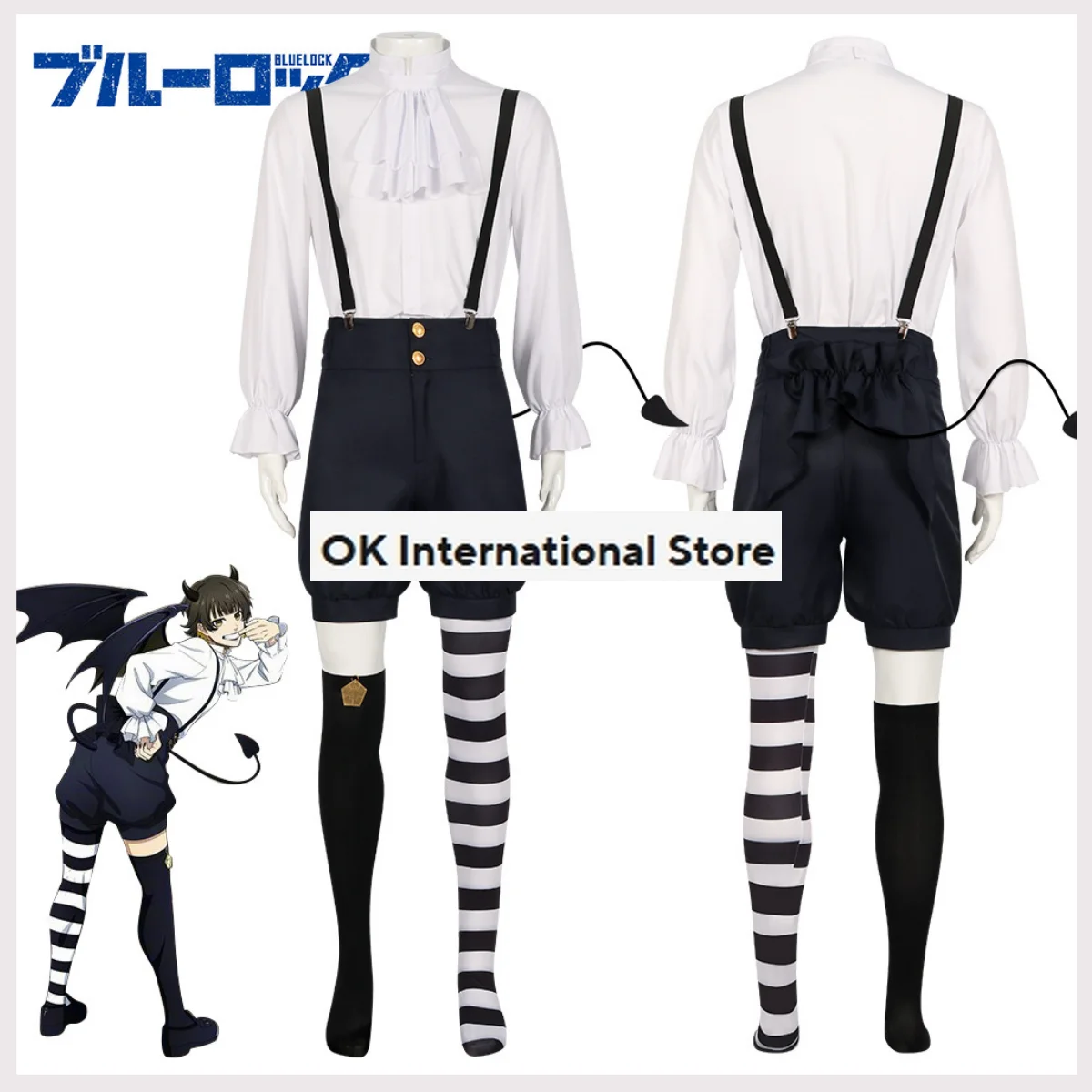 Anime Blue Lock Angels and Demons Bachira Meguru Cosplay Costume Wig Shirt Rompers Stripe Socks Man Halloween Christmas Suit