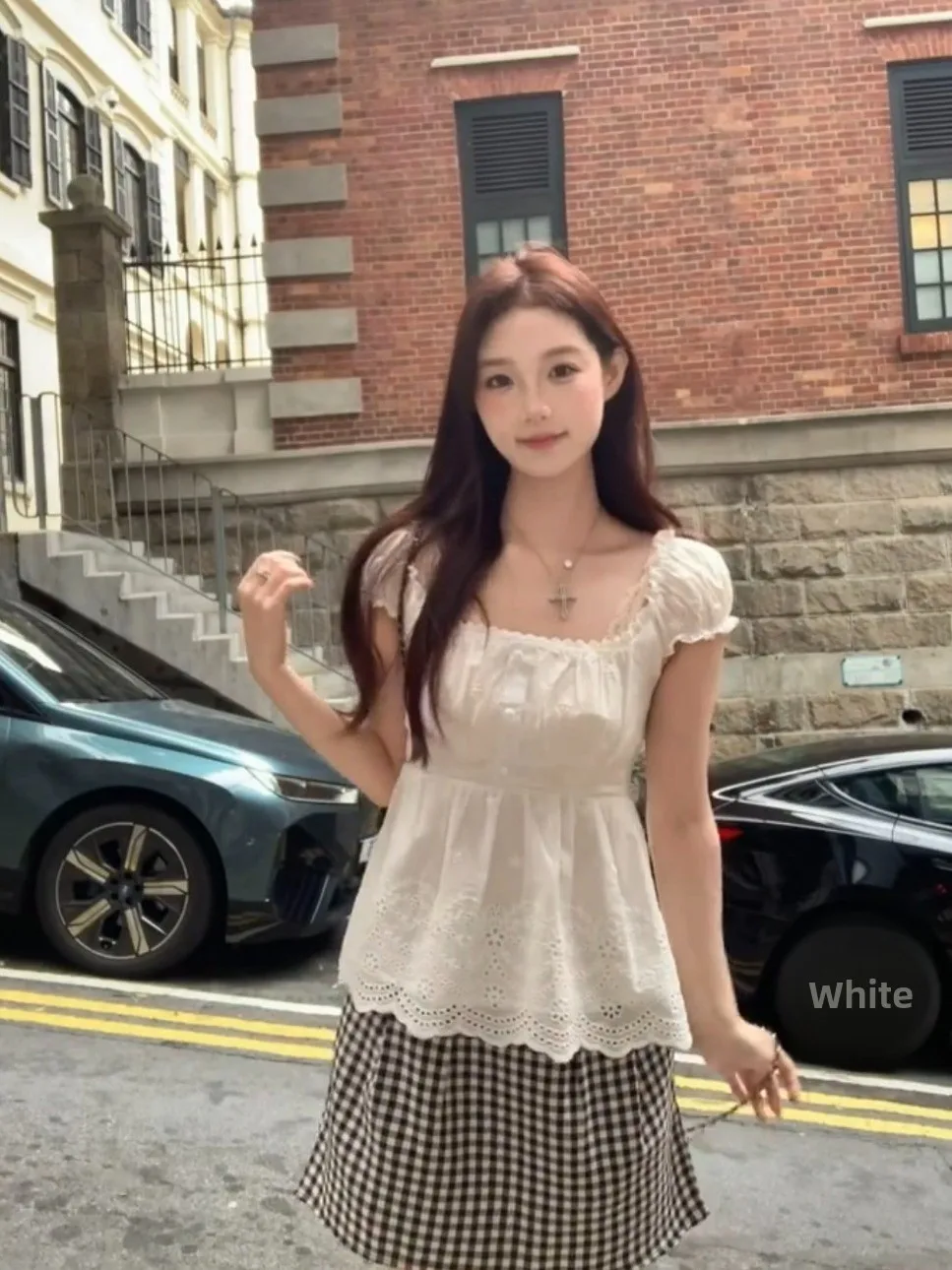 

White Loose Women's Shirt Square Collar Bell Sleeve Summer New Design Casual Slimming Top French Style Cotton Polyester Blend