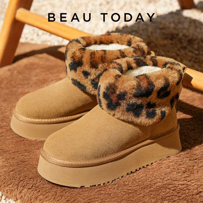 

BEAUTODAY Platform Snow Boots Women Cow Suede Turned-over Edge Leopard Print Fur Female Warm Winter Shoes Handmade 08070