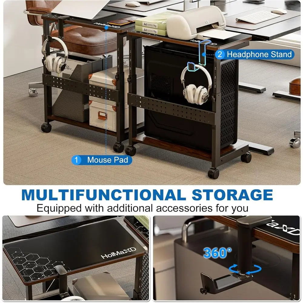 Walnut 2-Tier Adjustable Computer Stand with Mouse Pad and Headphone Holder, Desk-Mounted PC Cart for Home Office and Gaming