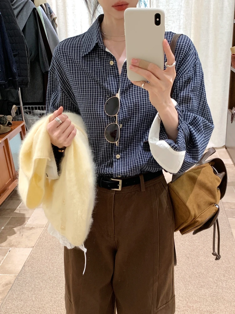 

Корейская женская рубашка с длинным рукавом для похудения, осенне-зимняя, в клетку, повседневная, свободного кроя, из хлопка