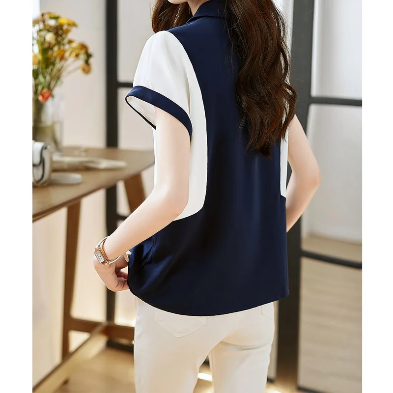 Polo Neck Chiffon Blouse Women\'s Short Sleeve Summer New Patchwork Contrast Loose Office Shirt Tops Fashion Casual Clothing