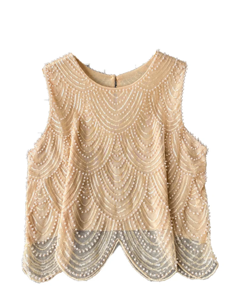 Colete f slim fit, gola redonda, sem mangas, enfeite pesado, lantejoulas brilhantes, novo design, formato de arco, top...