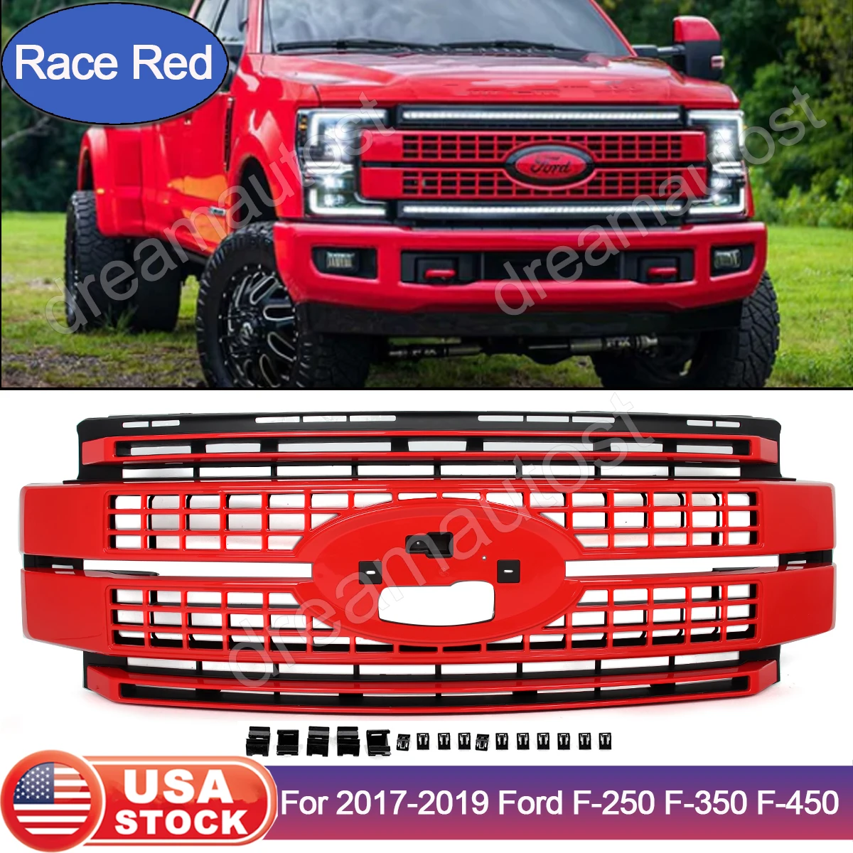 Fit 2017-2019 Ford F250 F350 F450 Super Duty Platinum Front Bumper Upper Grille Auto Racing Grills Exterior Accessories Race Red