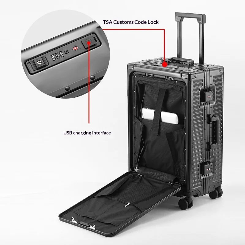 

Aluminum Alloy Front Opening 20 Inch Business Cabin Suitcase Metal Luggage Telescopic Handle TSA Lock Luggage Set Suitcase