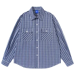 Long Sleeve Plaid Shirts Men Japanese Streetwear Vintage Fashion Loose Casual Oversize Cargo Shirt Campus Boys Girls Blouses