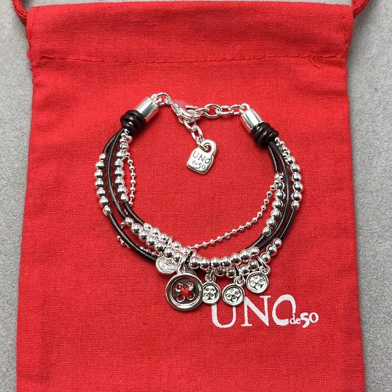 UNOde50-pulsera de cuero con cuentas para mujer, joyería romántica, bolso de regalo, exquisita cuerda europea y americana de alta calidad, novedad de 2023