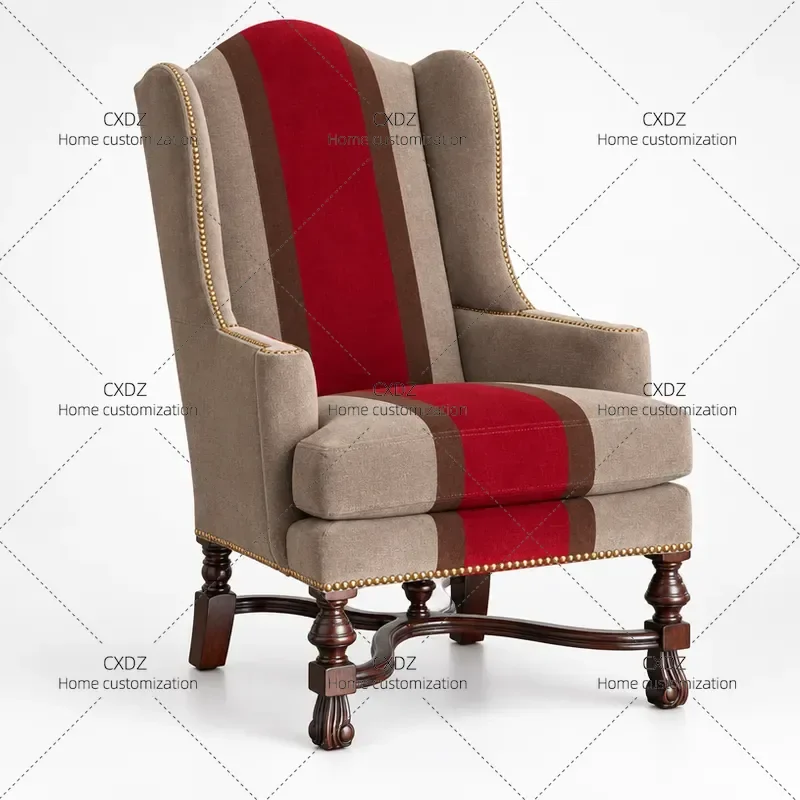 American Retro Solid Wood Fabric Sofa Chair Antique Color Matching Single Tiger Chair for Living Room Study Leisure