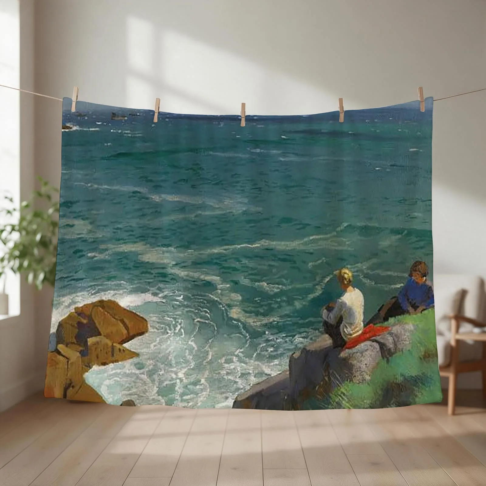 The Green Sea, Lamorna (1907) - Dame Laura Knight Throw Blanket couch cozy soft plush fuzzy picnic outdoor blanket