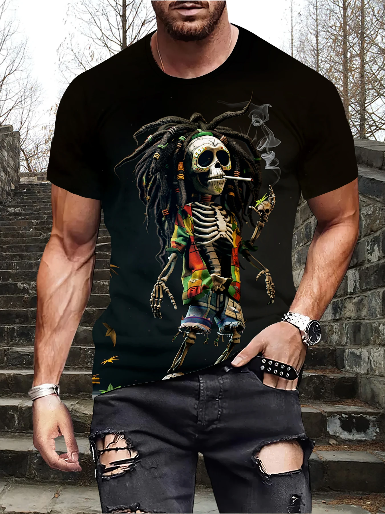 Smoking Skeleton Print Crew Neck And Short Sleeve T-shirt, Men's Fashion Top For Casual And Sports Wear