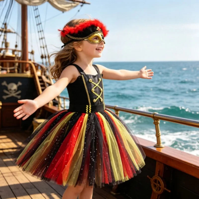 Classic red and black pirate princess clothes with a stylish tulle tutu skirt for kids, perfect for Halloween and  performance