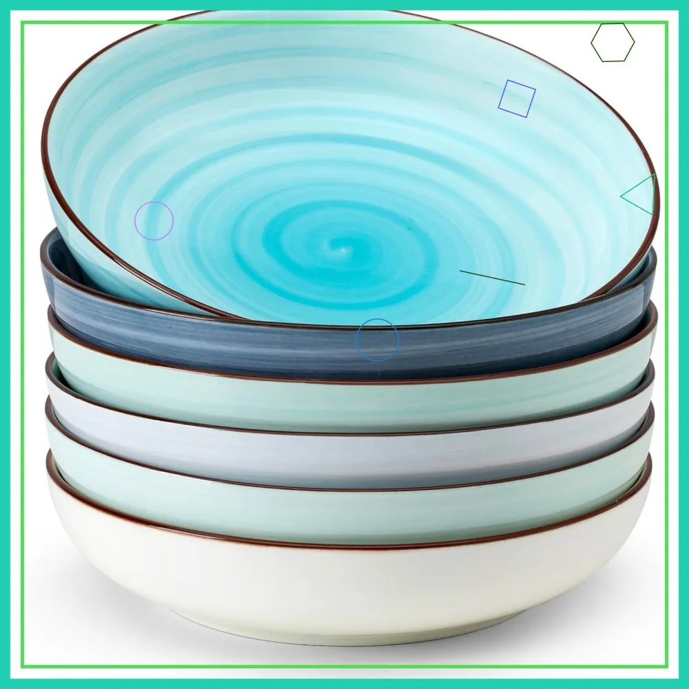 

Set of 6 Ceramic Pasta Bowls, 30oz Microwave & Dishwasher Safe Deep Salad Plates with Lipped Edges for Oven Use
