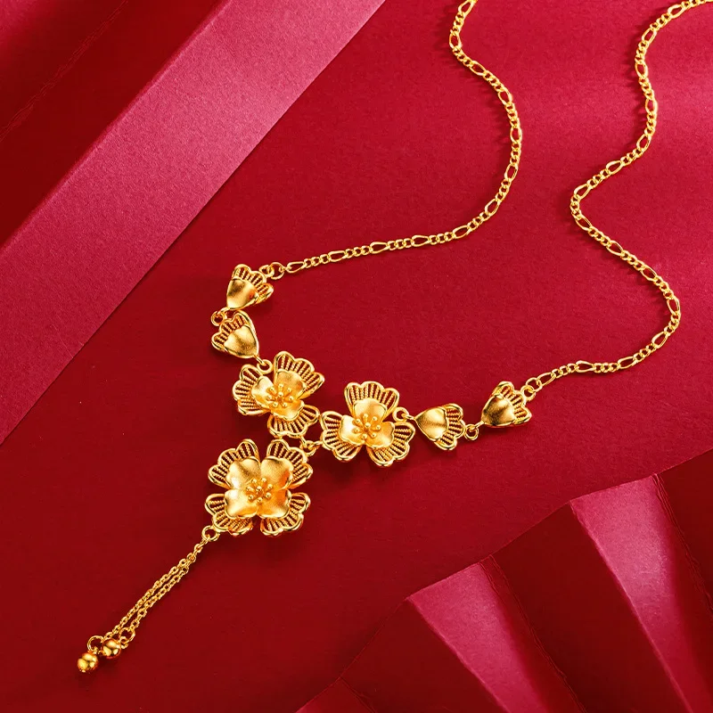 9999 Real Gold 24K Super Fairy High-end Niche Design Flower Large Petal Set Chain Gold Bride Women's Flower Wedding Jewelry