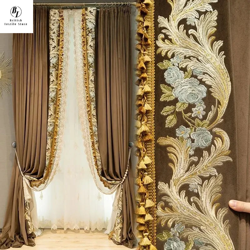 

Custom Size！！American Retro Coffee Velvet Luxury Cloth Embroidery Stitching Curtains for Living Dining Room Bedroom Decor Window